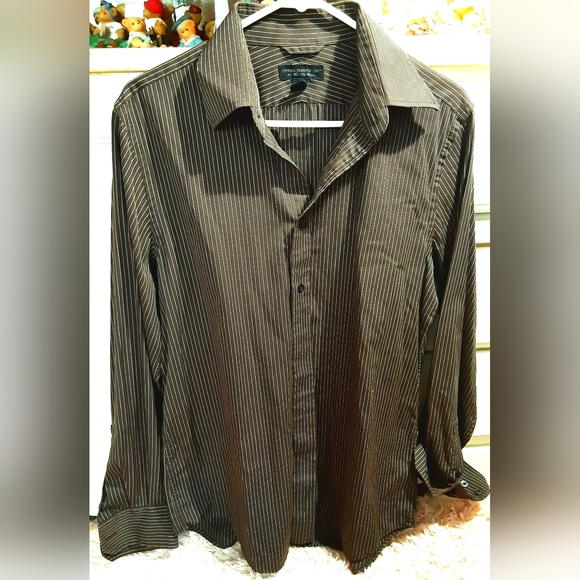 Express Modern Fit Brown Strip Button Up Shirt Mens M Long Sleeve Collared - Picture 6 of 8